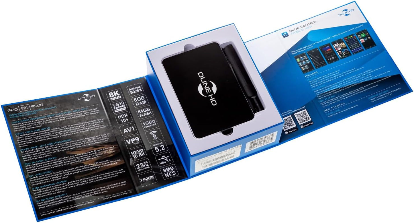 Dune HD Pro 8K Plus, Media Player, Android Box, Dolby Vision, Atmos, HDMI 2.1a, BT5, WiFi 6, USB 3, 8Kp60 HDR, 4Kp60, 1080p, AV1, YouTube 8K